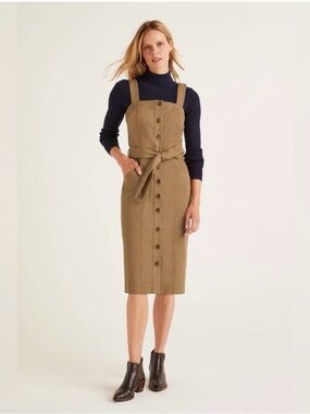 Boden Khaki Button-Front Midi Pinafore Dress with Belt